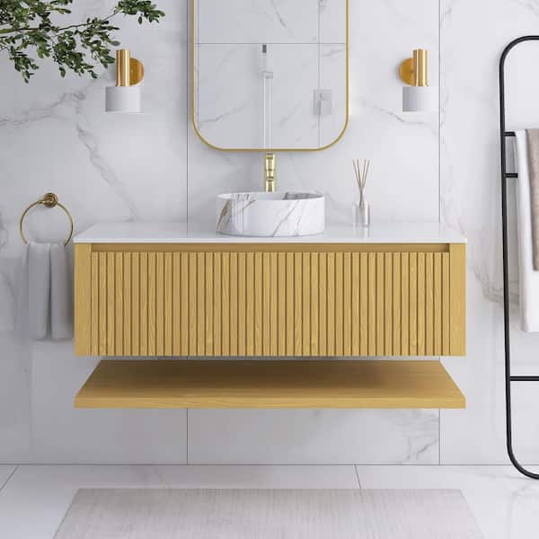 48 in. W x 19 in. D x 20 in. H Wall-Mounted Bath Vanity in Light Oak with White Sintered Stone Top