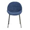 Full view of a blue linen upholstered dining chair.