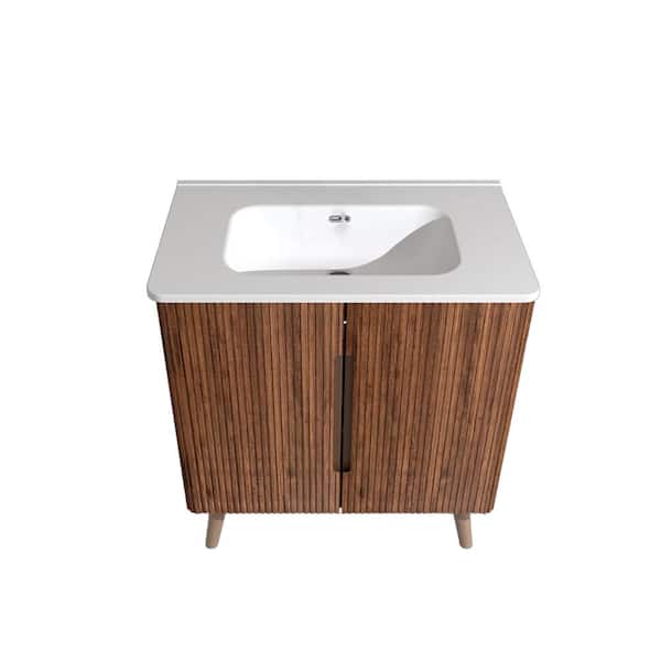 30 in. W Single Sink Freestanding Bath Vanity in Walnut with White Ceramic Top Unassembled