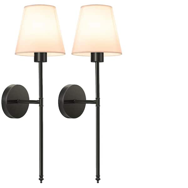 YANSUN 8 in. 1-Light Black Wall Sconce, Rechargeable Wall Sconce with Detachable Bulbs and Fabric Shade for Living Room(2-Pack）