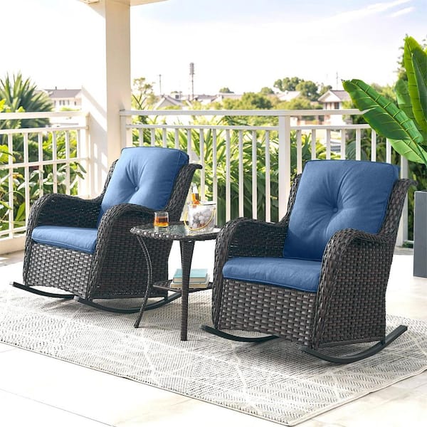Gymojoy Carolina Brown 3-Piece Wicker Patio Conversation Set with Blue Cushions