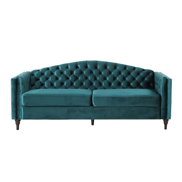 Noble House Antoine 83.5 in. Teal Solid Velvet 3-Seat Camelback Sofa