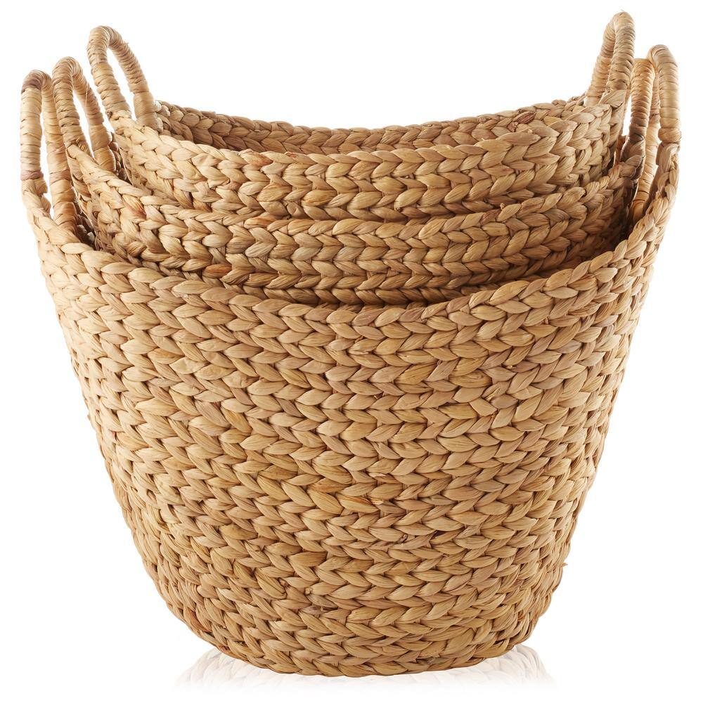 Natural Woven Water Hyacinth Oval Storage Baskets with Handles, Set of 3