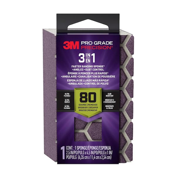 3M Pro Grade Precision 2.5 in x 4.5 in x 1 in, 80 Grit, Coarse, 3-in-1 Sanding Sponge