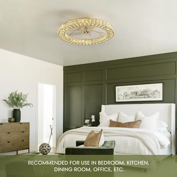 Modern 22 in. Indoor Gold Low Profile Crystal Chandelier Ceiling Fan with Light with Remote Included