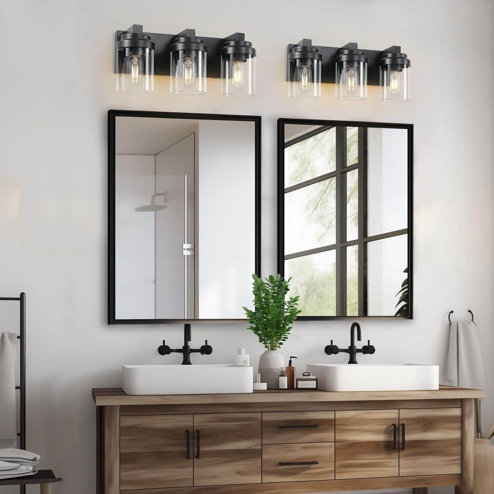 16 in. 3-Light Matte Black Metal Bathroom Vanity Light Fixtures Over Mirror with Clear Glass Shade (Bulb Not Included) price history on PriceWatchPro