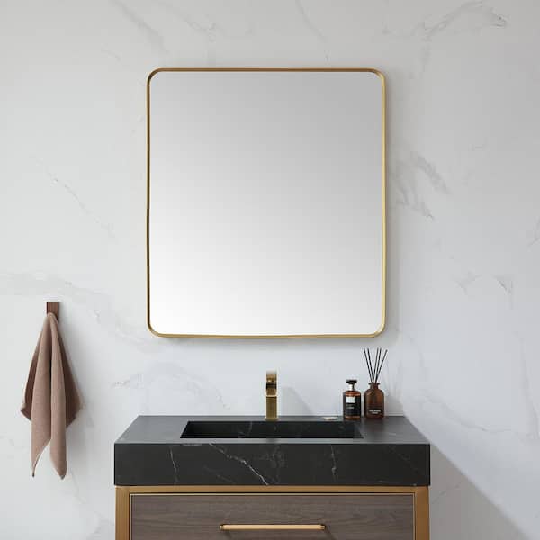ROSWELL Mutriku 32 in. W x 36 in. H Metal Framed Rectangle Bathroom Vanity Mirror in Gold