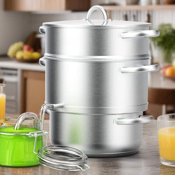 1-Piece 3-Tier 8. 5 qt. Stainless Steel Juicers Steamer Pot Stock Pot Set with Glass Lid and Handle