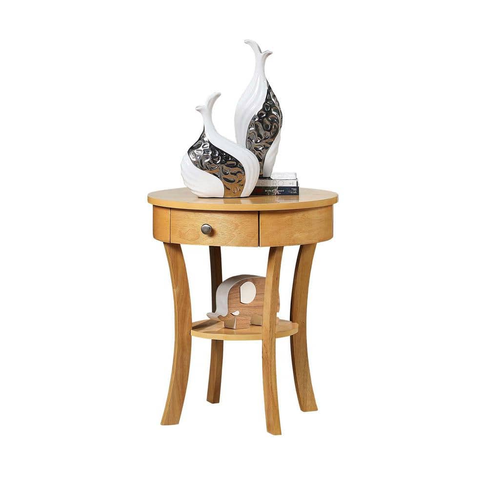 Natural Round Wood End Table with Storage Drawer
