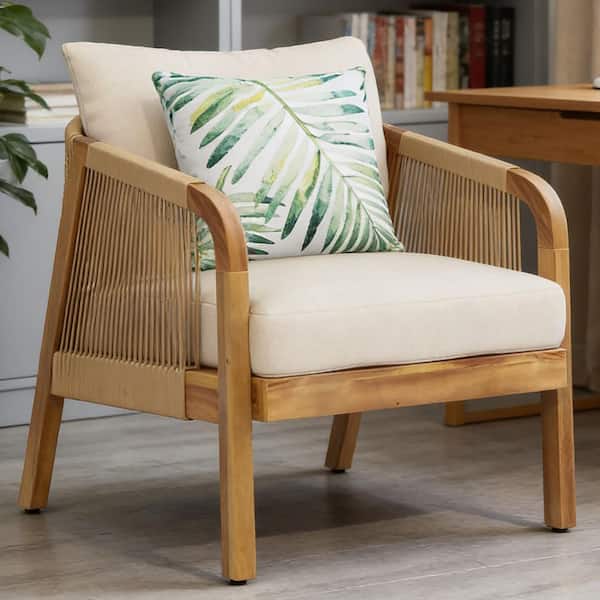 Light Brown Acacia Wood Outdoor Lounge Chair with Beige Cushions