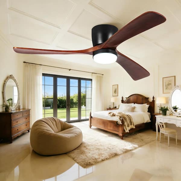 42 in. Black 3 Wood Blades Flush Mount Standard Outdoor Ceiling Fan with LED Light included APP and Remote Control