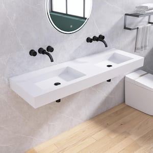 59 in. x 19 in. Solid Surface Wall-Mounted Bathroom Double Vessel Sinks in White