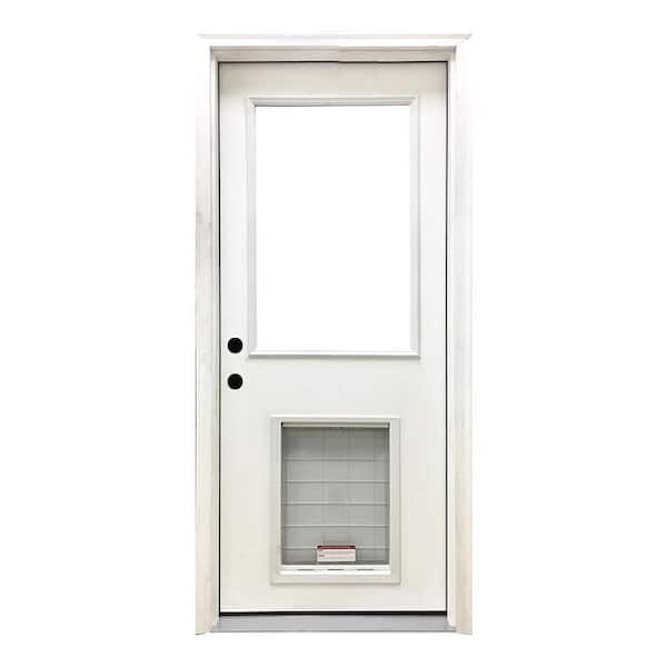 Steves & Sons 30 in. x 80 in. Reliant Series Clear Half Lite RHIS White Primed Fiberglass Prehung Back Door with Extra Large Pet Door