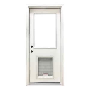 32 in. x 80 in. Reliant Series Clear Half Lite RHIS White Primed Fiberglass Prehung Back Door with Extra Large Pet Door