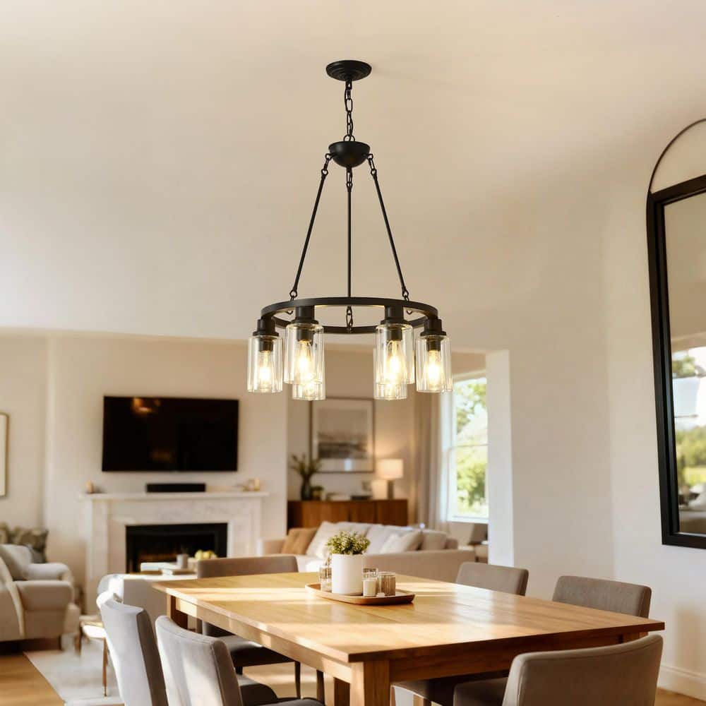 Basdien 24 in. Black Wagon Wheel Chandelier, 6-Light Industrial