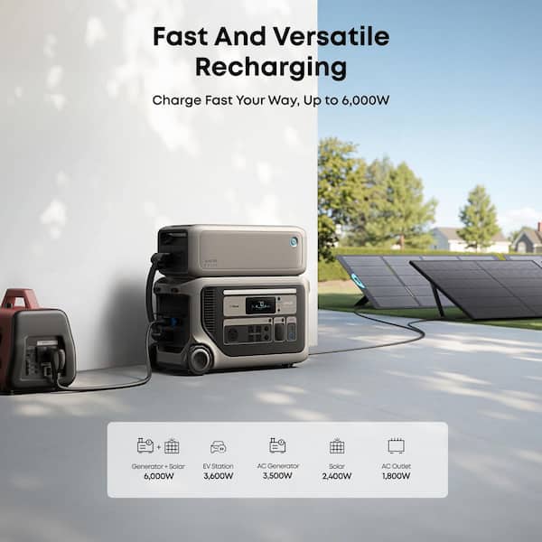 SOLIX F3000 3,600-Watt, 3kWh Push Button Start Solar Generator and BP3000 Expansion Battery, 6kWh, For Power Outages