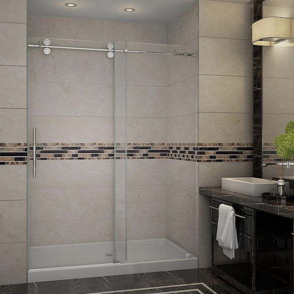 Aston Langham 60 in. x 77.5 in. Completely Frameless Sliding Shower Door with Base and Middle Drain in Chrome