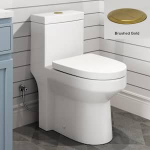 1-Piece 1.1/1.6 GPF Compact Dual Flush Round Toilet in White, Seat Included, with Brushed Gold Button