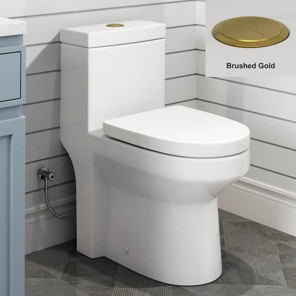 1-Piece 1.1/1.6 GPF Compact Dual Flush Round Toilet in White, Seat Included, with Brushed Gold Button