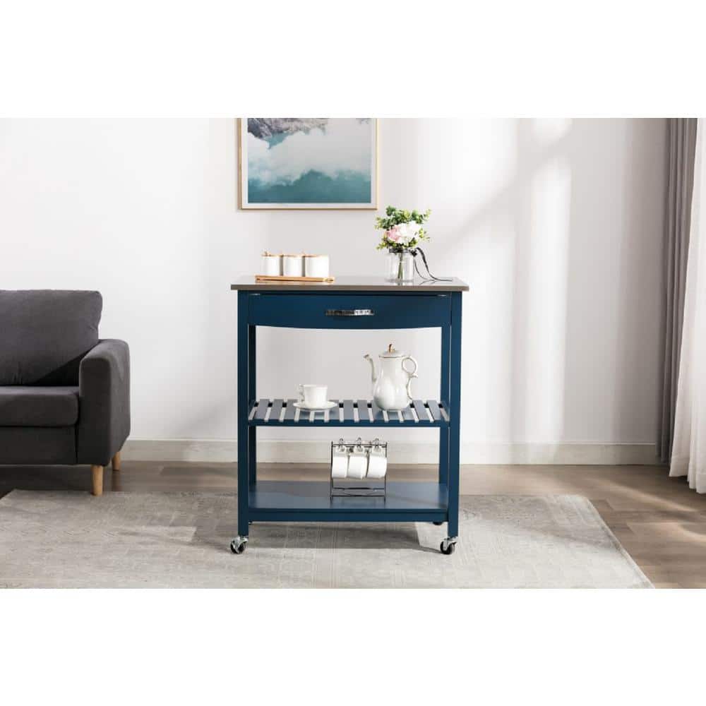 Navy Blue Stainless Steel Top Kitchen Cart with Storage