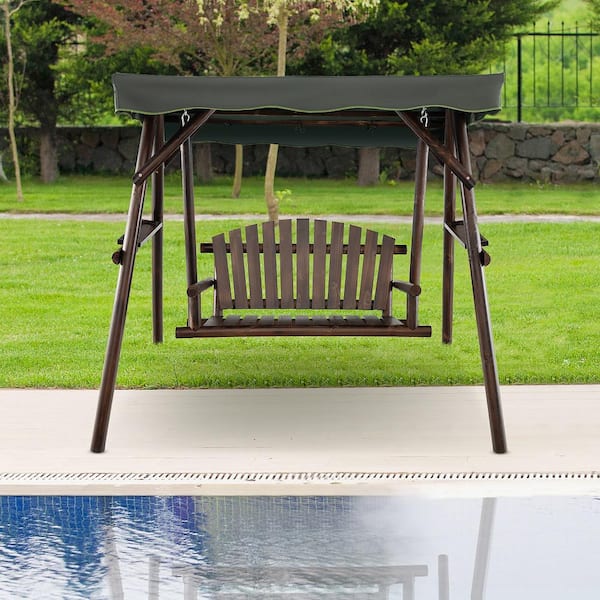 2-Person Wooden Garden Swing Bench Chair with Adjustable Canopy for Garden Porch