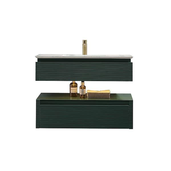 Wilton 36 in. W x 20.8in. D x 19.6 in. H Floating Bathroom Vanity Set in Green with White Engineer Marble Countertop