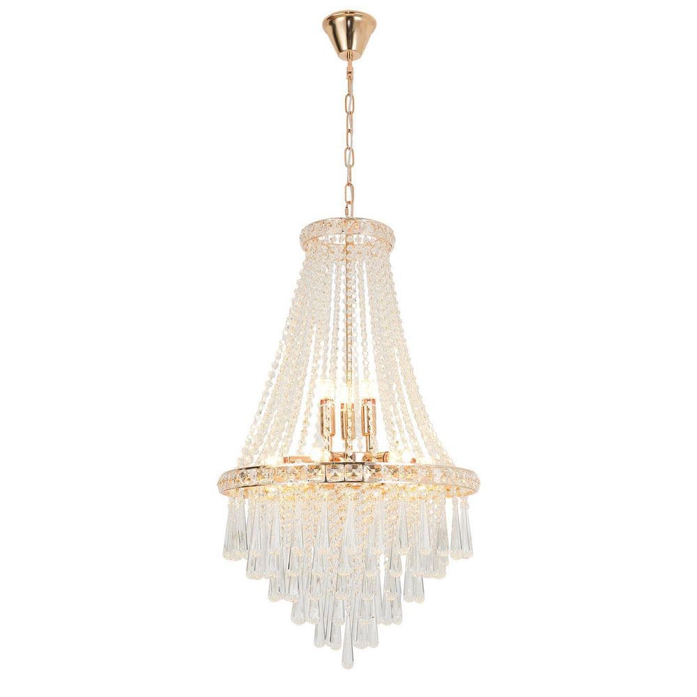 OUKANING 19.68 in. 9Light Gold Chandelier Modern Luxury Empire Style with Crystal Shade HG