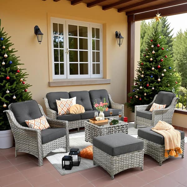 Cristiano 6-Piece Wicker Patio Conversation Seating Sofa Set with Black Cushions and a Lighted Coffee Table
