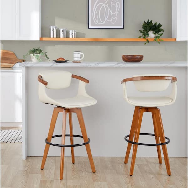 Lumisource Oracle 29 in. Cream Faux Leather, Walnut Bamboo, and Black Metal Fixed-Height Bar Stool