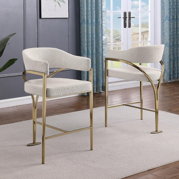 Nayla 37.5 in H. Cream Low Back Metal Frame Counter Stool With Boucle Fabric Matte Brushed Gold Chrome Base Set of 2