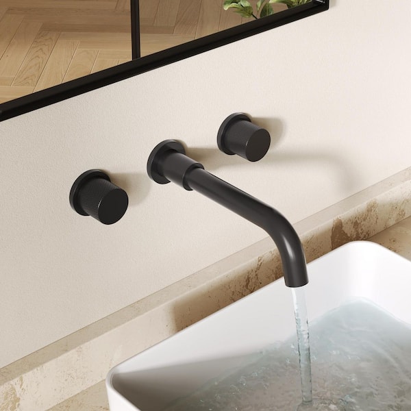 Wall Mount Bathroom Faucet with 2 Handles, Pop-Up Drain, 360° Swivel Spout in Matte Black