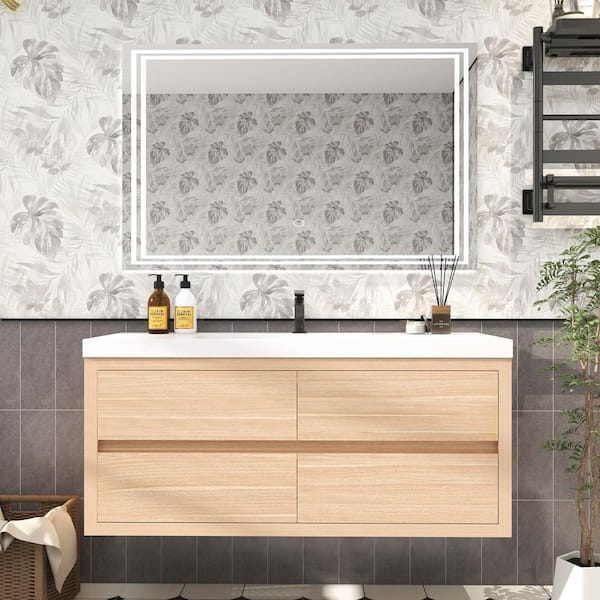 Louis 47 in. W x 20 in. D x 22 in. H Single Sink Floating Bath Vanity in Champagne Oak with White Acrylic Top