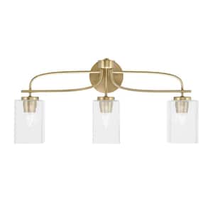 Olympia 25.75 in. 3-Light New Age Brass Vanity Light  Square Clear Bubble Glass Shade