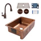 Ganku 33 in. Farmhouse Single Bowl 16 Gauge Antique Copper Kitchen Sink with Scroll with Canton Faucet Kit