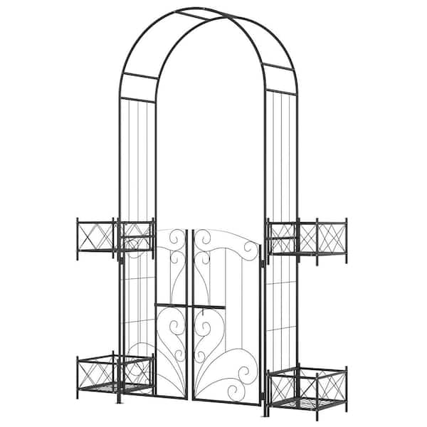 Tenleaf 64 .25 in. x 87.5 in. Black Metal Arched Garden Trellis with Gate
