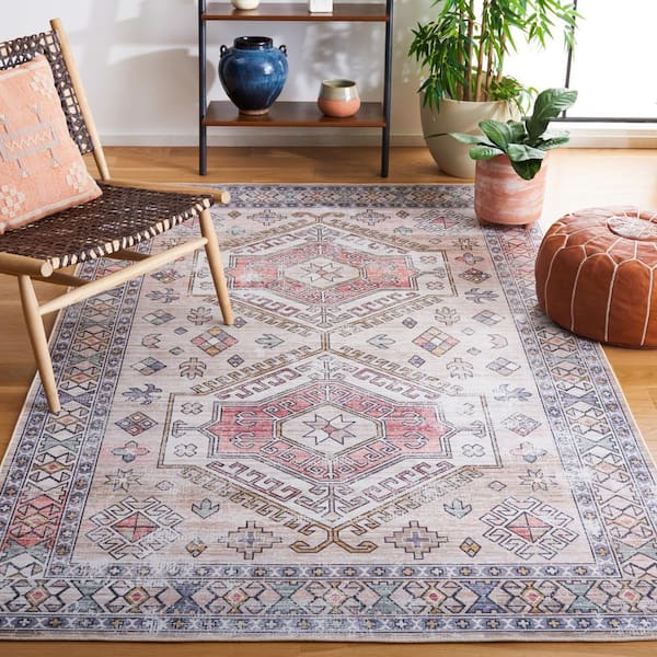 Tucson Beige/Green 6 ft. x 6 ft. Machine Washable Medallion Floral Border Distressed Square Area Rug