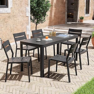 7-Piece Aluminum Rectangular Outdoor Dining Set with Extension Round Corner Table and Stackable Chairs, Black