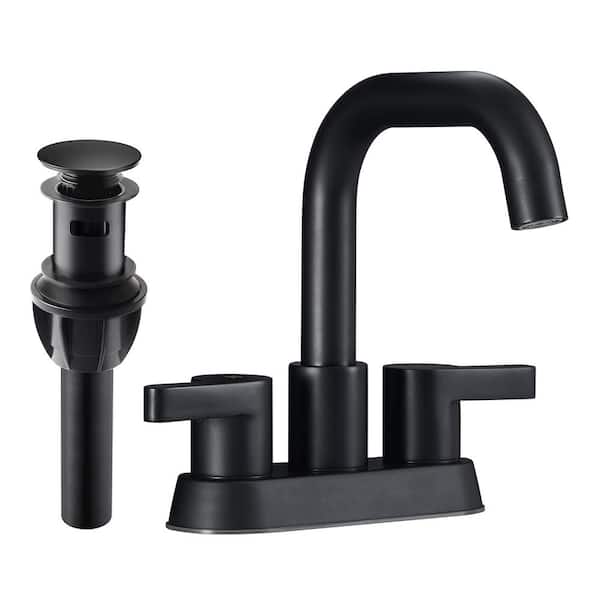 PERLIRIA INC 4 in. 2 Handle Centerset Modern Bathroom Faucet, 360 Swivel Spout Bathroom Sink Faucet with Drain Kit in Matte Black