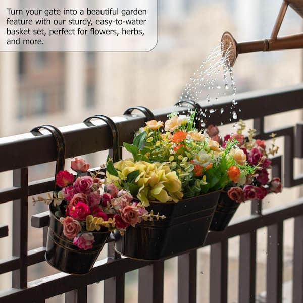 Gardenised (Set of 3) Metal Hanging Railing Planters with Detachable Hooks  Decorative Outdoor Set for Balcony Patio Deck or Fence QI004832 - The Home  Depot