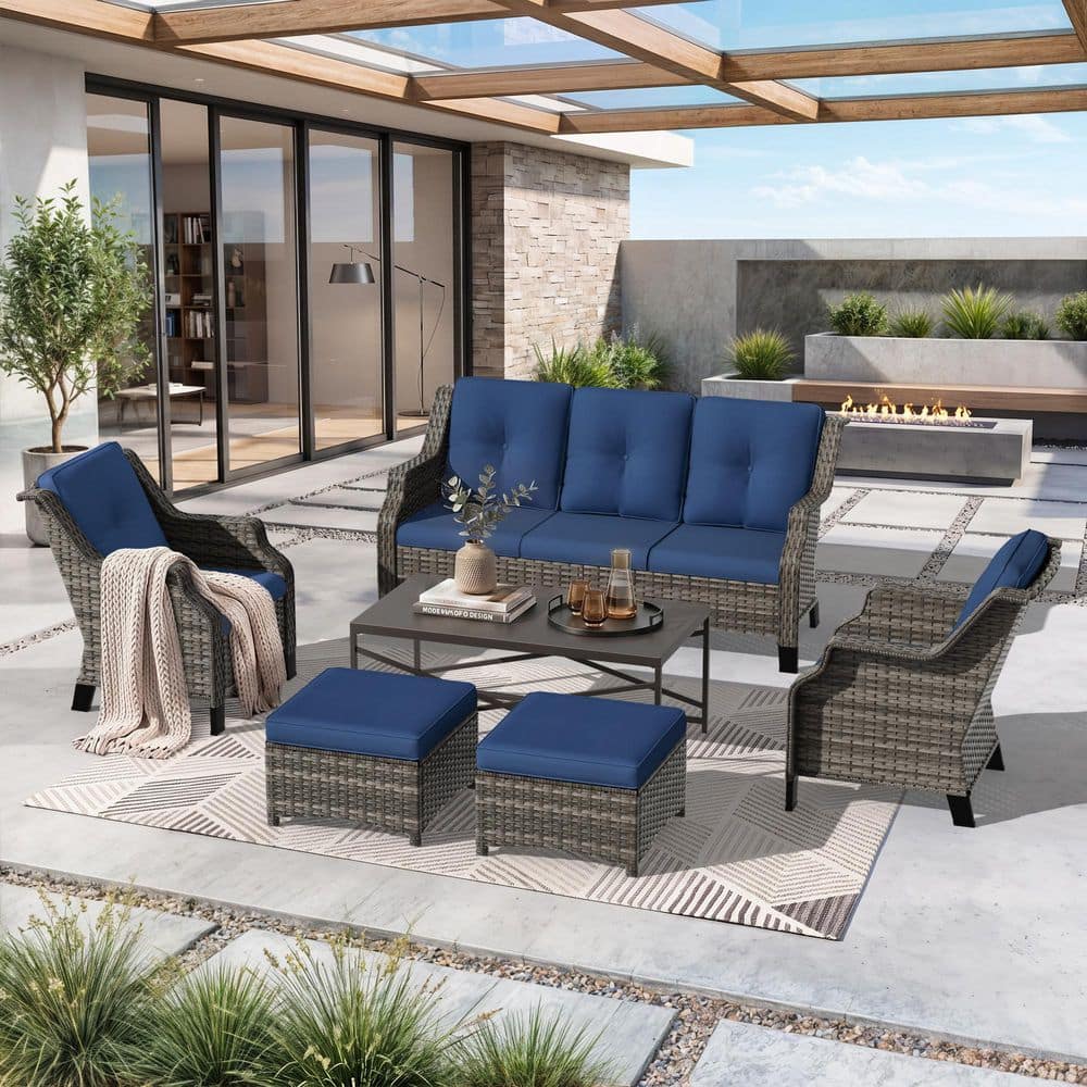 Brown 4-Piece Patio Wicker Conversation Set with Blue Cushions price history on PriceWatchPro