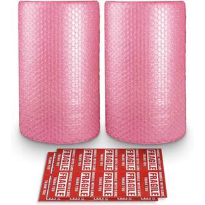 2-Pack 3/16" x 12" x 72' Bubble Cushioning Nylon Wrap Rolls with 20 Fragile Stickers for Packaging Shipping Mailing Pink