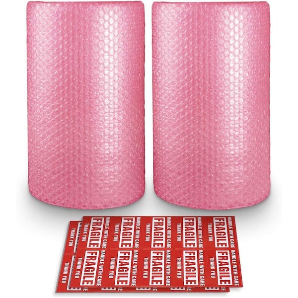 Angel Sar 2-Pack 3/16" x 12" x 72' Bubble Cushioning Nylon Wrap Rolls with 20 Fragile Stickers for Shipping Mailing Pink