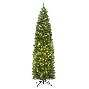 7.5 ft. Pre-Lit LED Slim Pencil Hinged Artificial Christmas Tree with Red Berries and Pinecoins