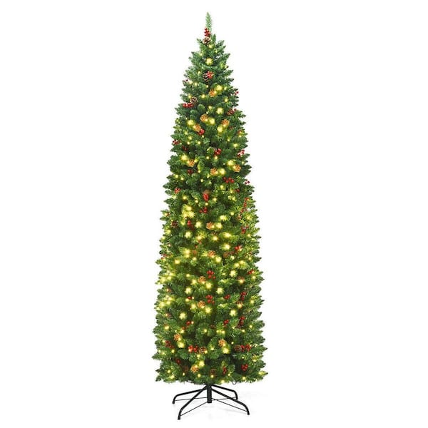 ANGELES HOME 7.5 ft. Pre-Lit LED Slim Pencil Hinged Artificial Christmas Tree with Red Berries and Pinecoins