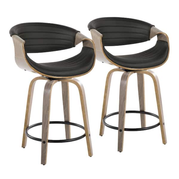 Lumisource Symphony 24 in. Black Faux Leather, Light Grey Wood and Black Metal Fixed-Height Counter Stool (Set of 2)