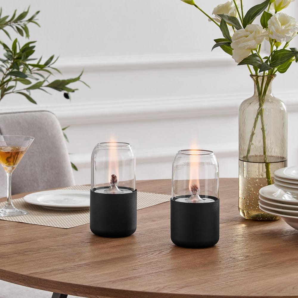 Black Glass and Metal Oil Lamp Set with Rope Wick