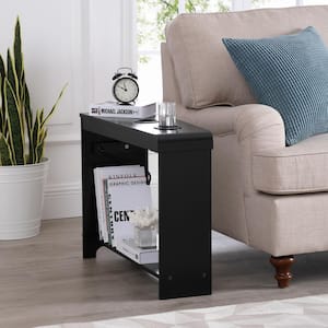 11 in. Black Rectangle Wood End Table with USB Ports and Outlets