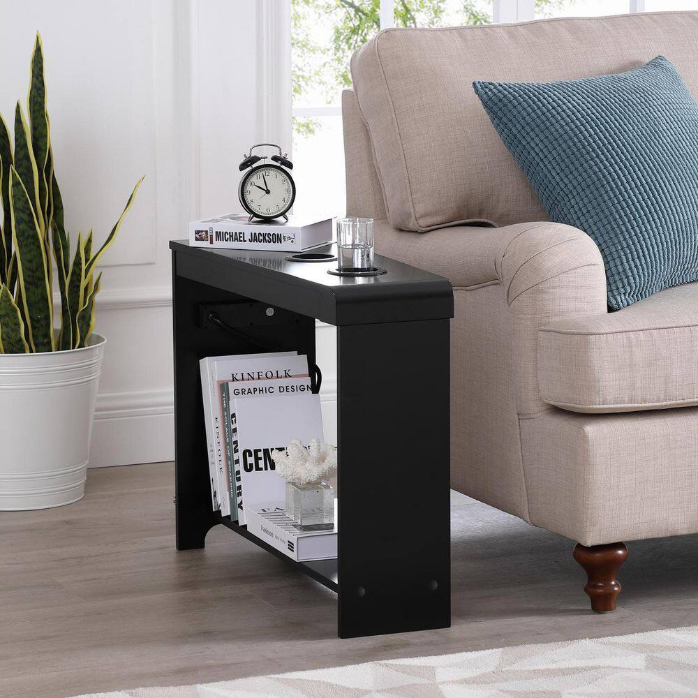 HOMESTOCK Black End Table With Charging Station, USB Ports and Outlets
