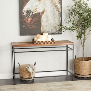 48 in. Black Extra Large Rectangle Metal Console Table with Brown Wood Top