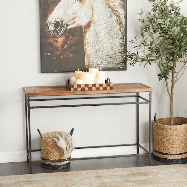 Litton Lane 48 in. Black Extra Large Rectangle Metal Console Table with Brown Wood Top